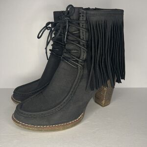 Bucco Black Fringe Block Heel Side Zip Booties Size 8